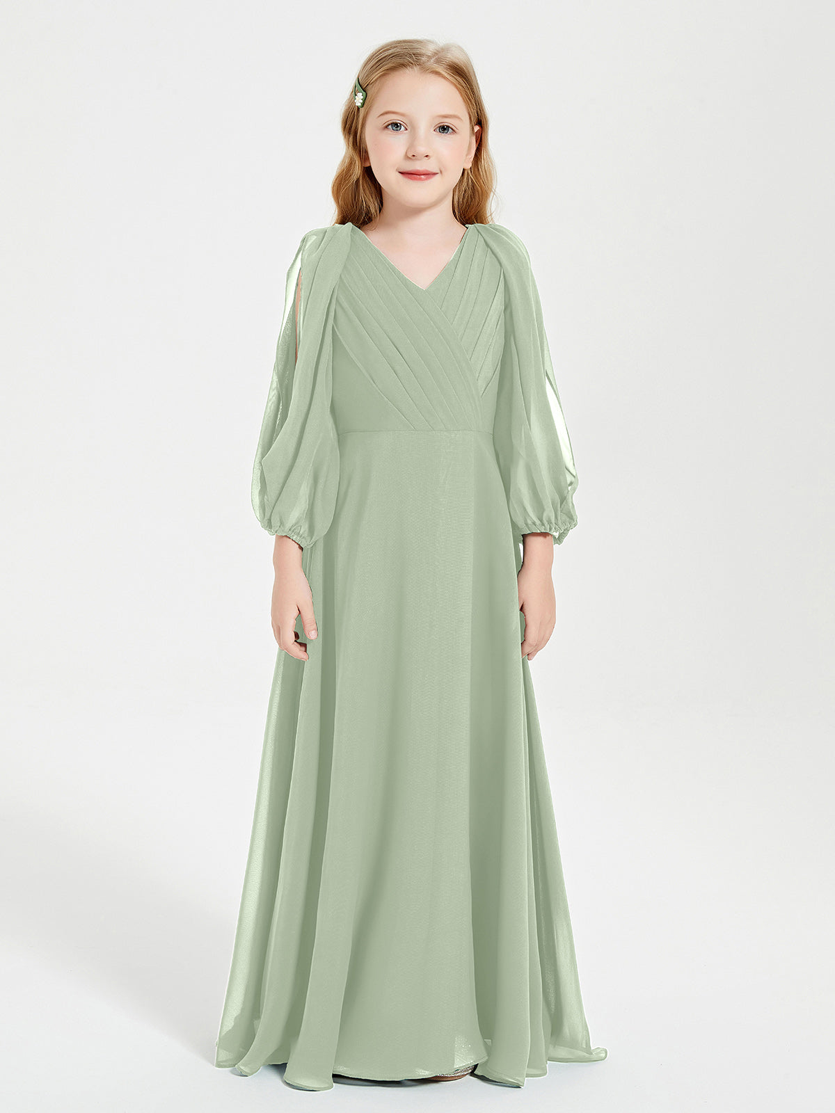 Modest Long Sleeved Junior Bridesmaid Gowns Dusty Sage